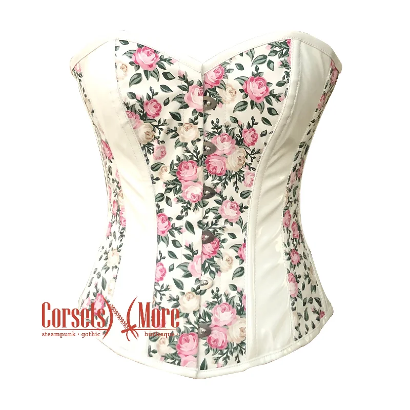 Corset with silk lining-Plus Size White PVC Floral Printed Soft Leather Gothic Overbust Steampunk Corset Top