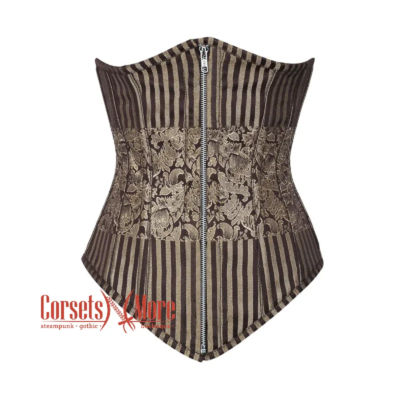 Corset dress with fitted bodice-Plus Size Brown and Golden Brocade With Front Silver Zipper Gothic Long Underbust Corset