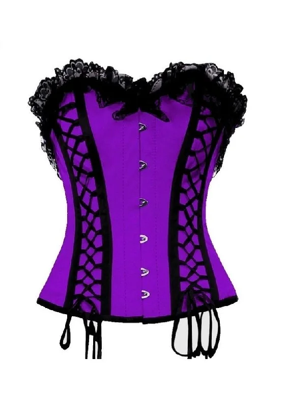 Corset with lace-up front-Purple Satin Black Lacing Overbust Corset Waist Training Mardi Gras Costume