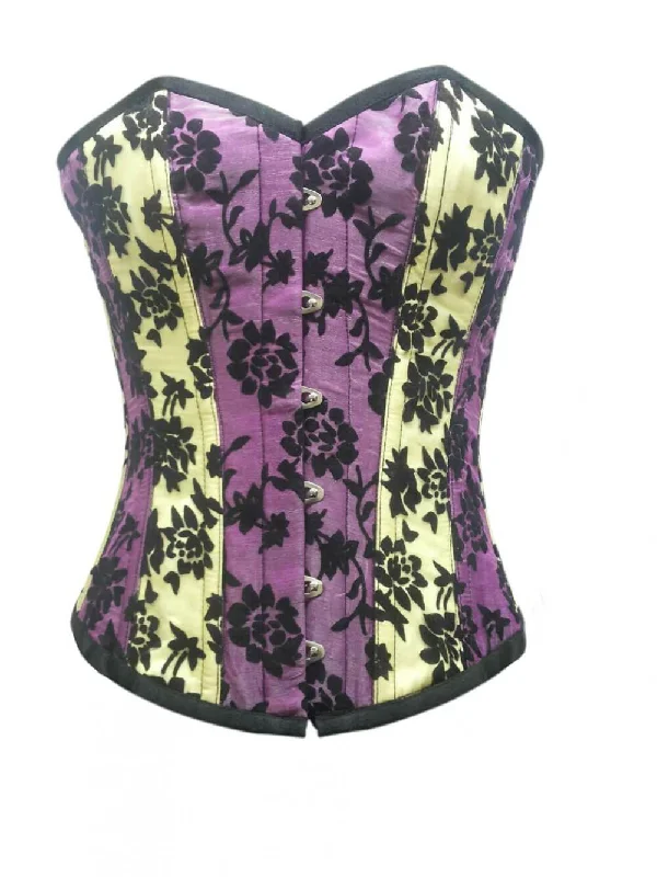 Corset for bridal lingerie-Yellow Purple Satin Gothic Burlesque Corset Waist Training Overbust Tissue Flocking