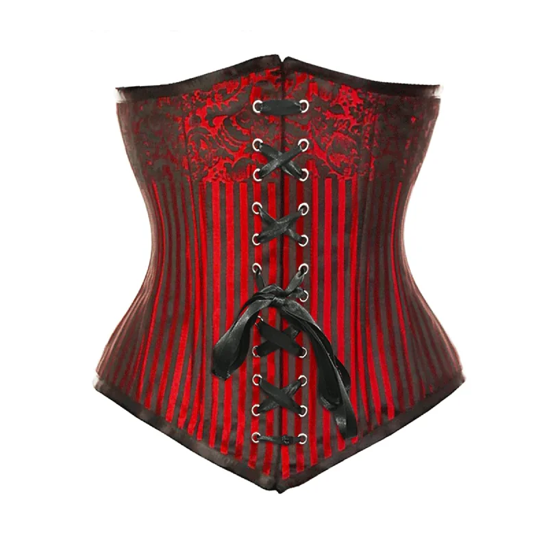 Corset top with flared hem-Plus Size Red Brocade Double Boned Black Ribbon Design Long Underbust Steampunk Corset