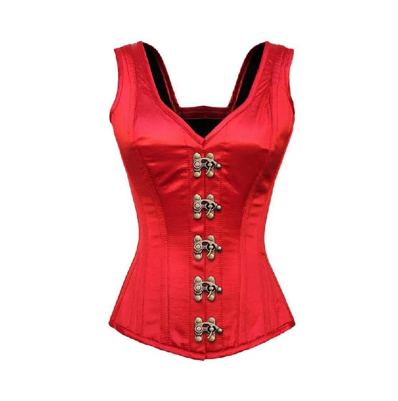 Corset top with mock neck-Red Satin Corset Shoulder Straps Seal Gothic Burlesque Waist Training Overbust