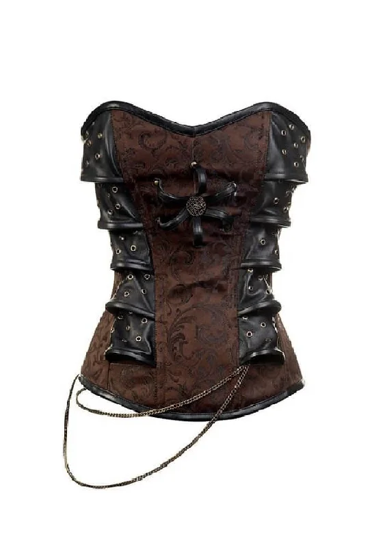 Corset with draped sleeves-Brown Brocade with Leather Patches Steampunk Corset Waist Training Overbust Gothic Top