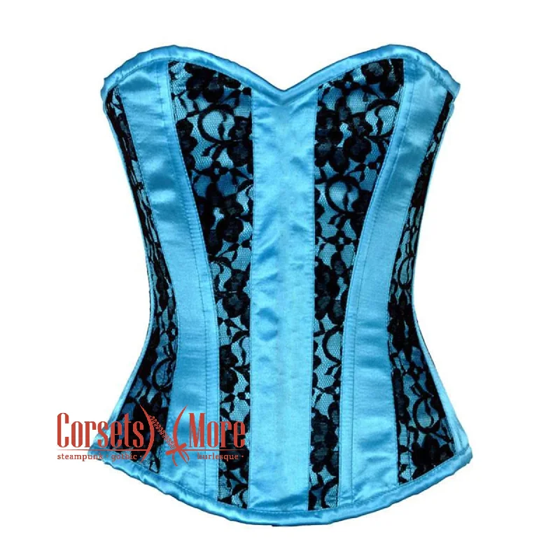 Corset with scalloped edges-Plus Size Turquoise Satin With Black Net Front Close Gothic Overbust Burlesque Corset