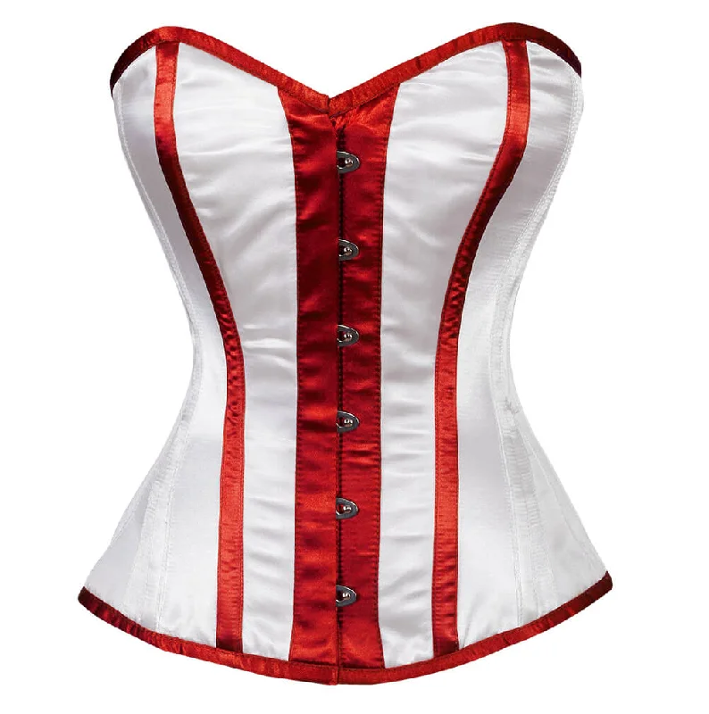 Corset top with high neck-White Glossy Satin Corset Red Stripes Burlesque Waist Training Overbust Bustier Valentine Top