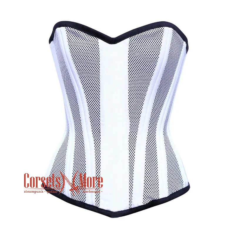 Corset in dark emerald-White Satin With Mesh Burlesque Gothic Overbust Corset Bustier Top