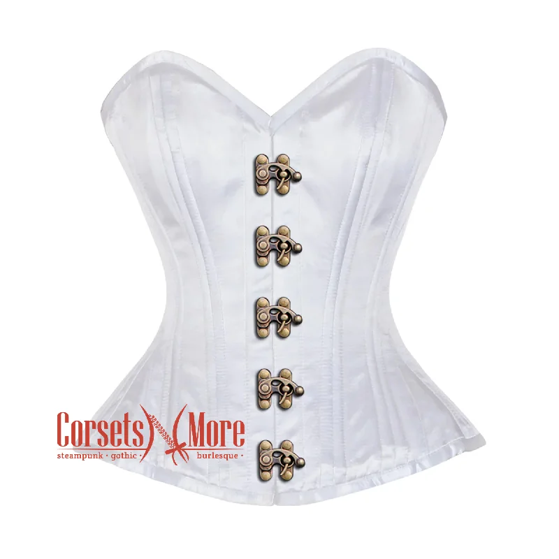 Corset in soft teal-White Satin Burlesque Double Bone Antique Clasps Waist Training Costume Gothic Corset Overbust Top