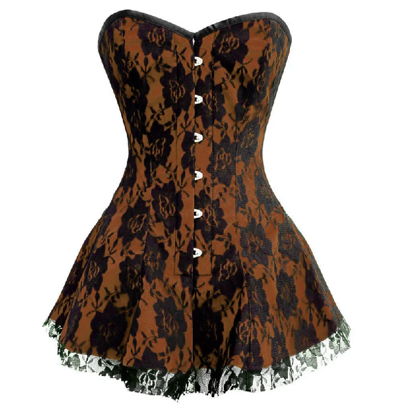 Corset for hourglass shaping-Brown Satin Corset Black Net Gothic Burlesque Costume Overbust