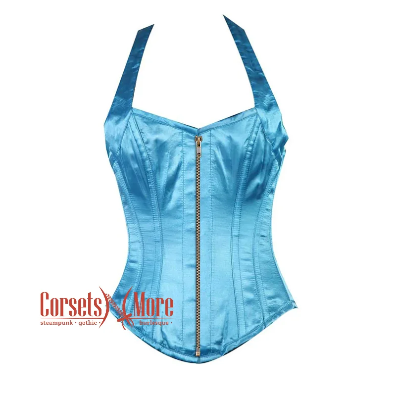 Corset dress for cruise wear-Baby Blue Satin Halter Neck Shoulder Strap Burlesque Overbust Corset Bustier Top