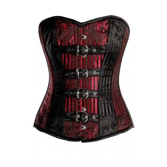 Corset with adjustable laces-Isak Red and Black Brocade Pattern Overbust with Buckles