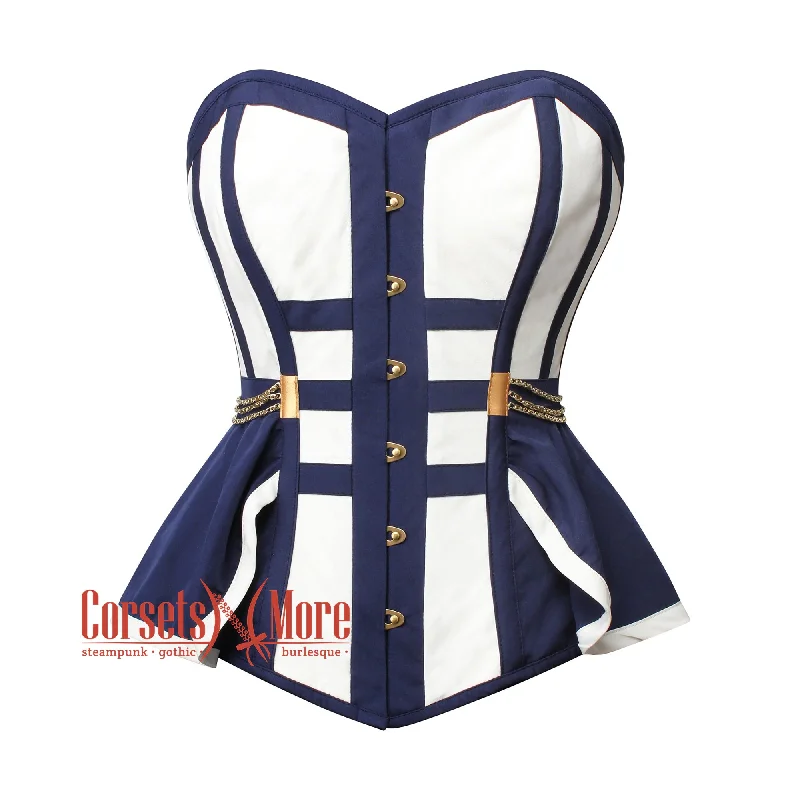 Corset for everyday wear-White And Navy Blue Satin Gothic Overbust Corset Bustier Doctor Who Costume Top