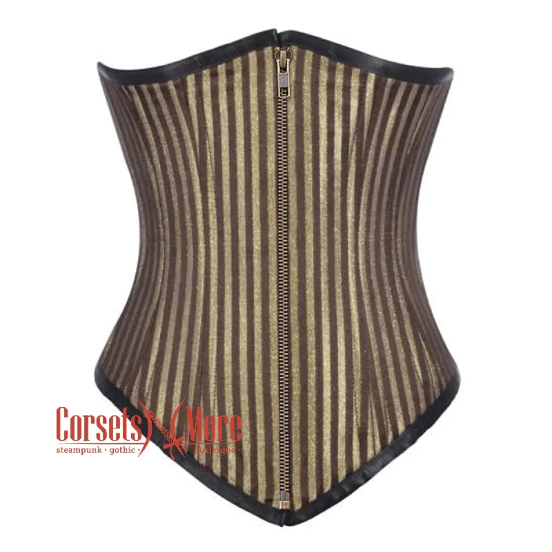 Corset dress for anniversary dinner-Plus Size Brown and Golden Brocade With Antique Zipper Gothic Long Underbust Waist Training Corset