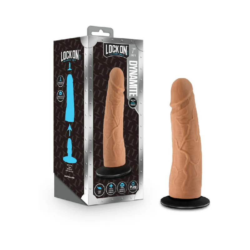 adjustable-dildo-Lock On Dynamite Dildo With Suction Cup Adapter 7 In. Mocha