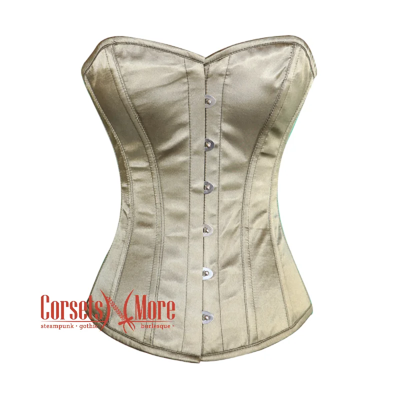 Corset with chain accents-Plus Size Light Olive Green Satin Gothic Overbust Burlesque Corset Top