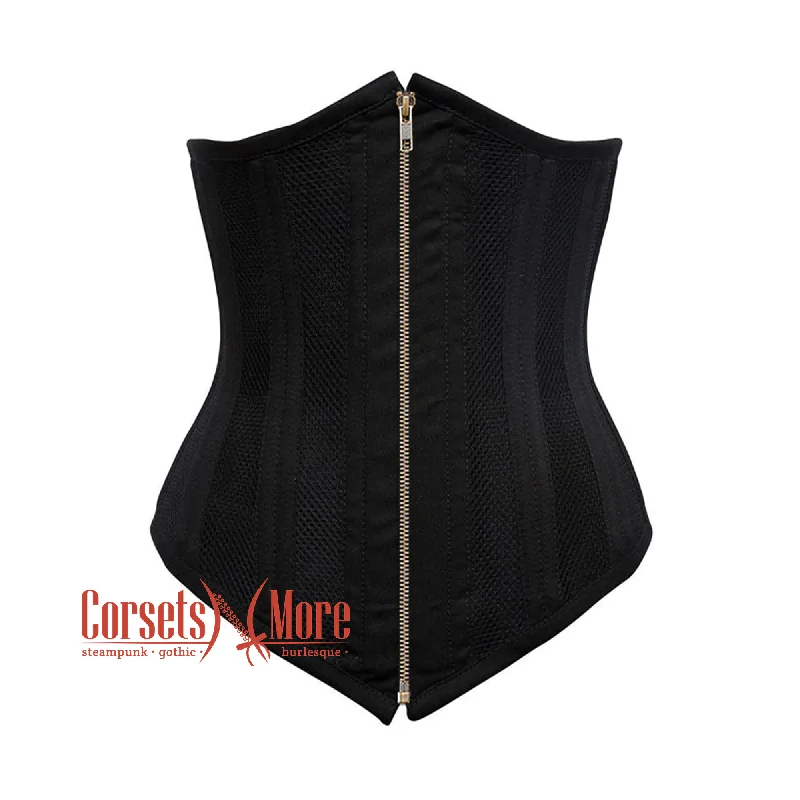 Corset for fitted look-Plus Size Black Cotton Mesh Double Boned Front Antique Zipper Long Underbust Steampunk Corset