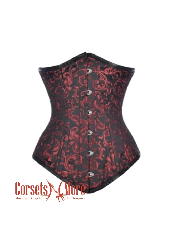 Corset top in zigzag pattern-Red and Black Brocade Spiral Steel Boned Corset Waist Training Bustier LONG Underbust Corset Top