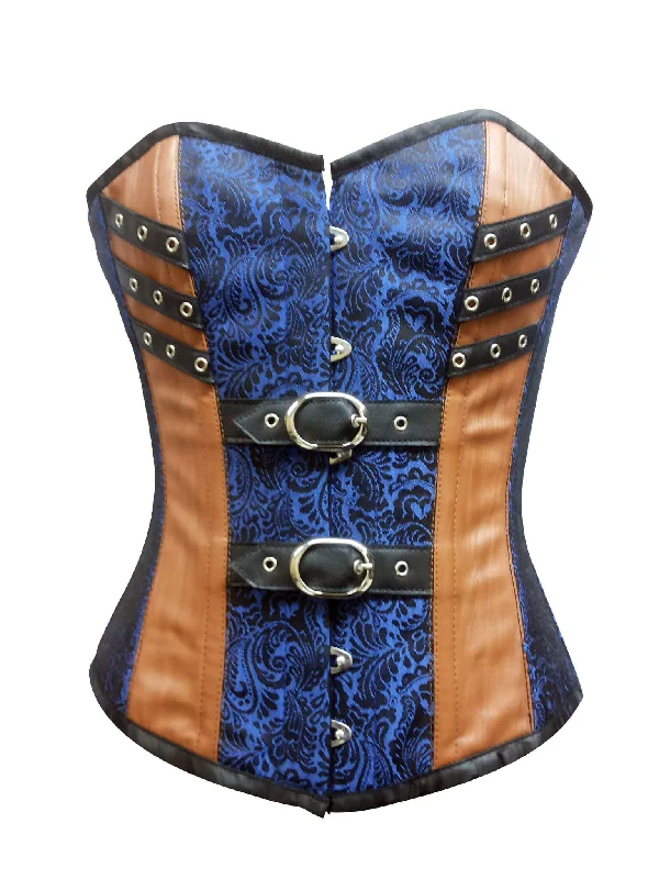 Corset and skirt set-Women’s Blue Brocade Brown Leather Gothic Steampunk Bustier Waist Training Overbust Corset Costume