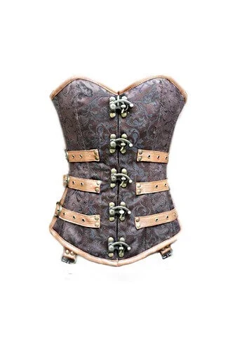 Corset with adjustable laces-Brown Brocade Leather Gothic Steampunk Bustier Period Costume Waist Training Overbust Corset Top