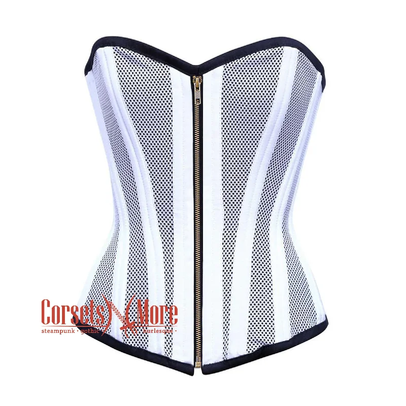 Corset for sculpted figure-White Satin With Mesh Front Zip Double Bone Burlesque Gothic Overbust Corset Bustier Top