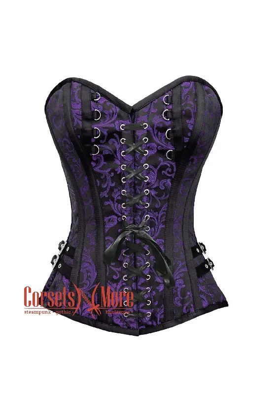 Corset dress for formal events-Purple and Black Brocade Overbust Corset Bustier Heart Top Costume