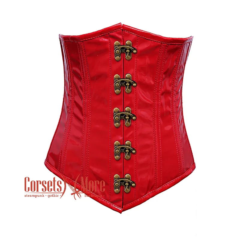 Corset for Renaissance fair-Plus Size Red PVC Leather Front Antique Clasps Long Underbust Corset