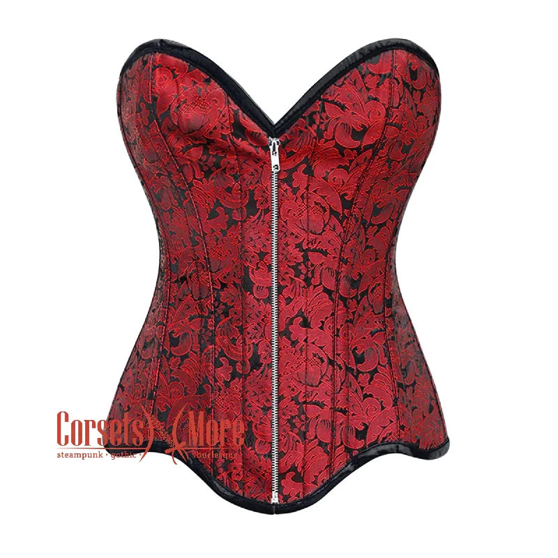 Corset for festival outfits-Plus Size Red Brocade Bottom With Curvy Design Front  Silver Zipper Steampunk Gothic Overbust Corset