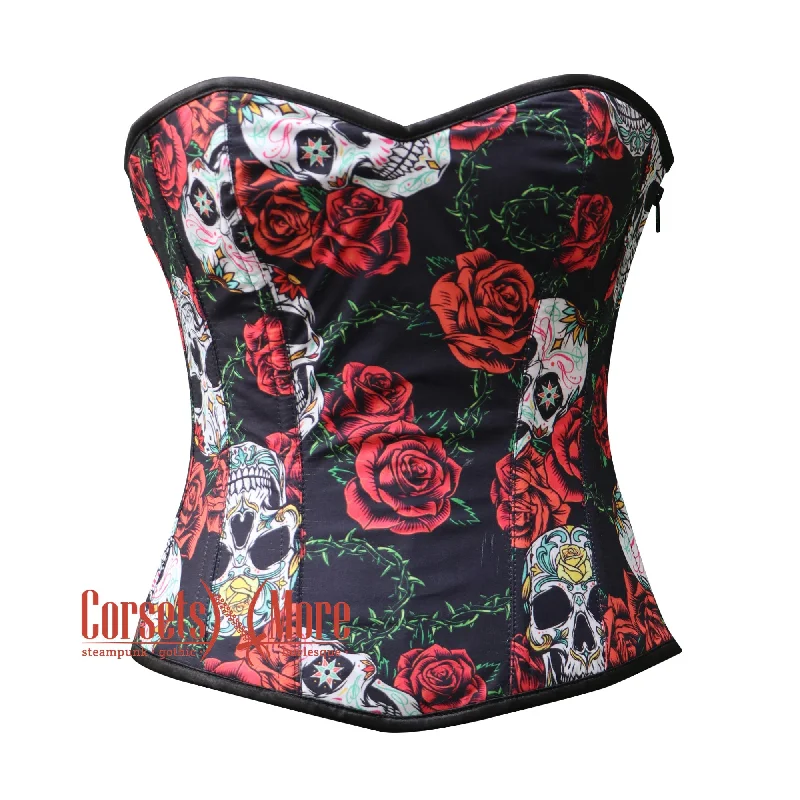 Corset dress with mermaid tail-Plus Size Printed Flower And Skull Satin Gothic Corset Halloween Costume