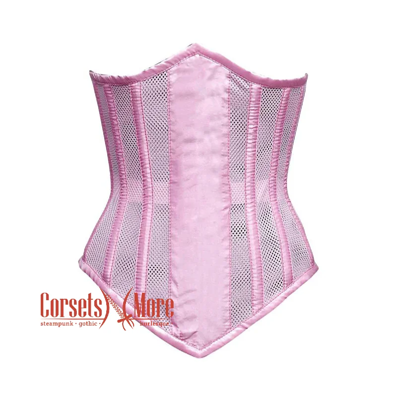 Corset in bold fuchsia-Plus Size Pink Satin Mesh With Front Close Long Underbust Corset