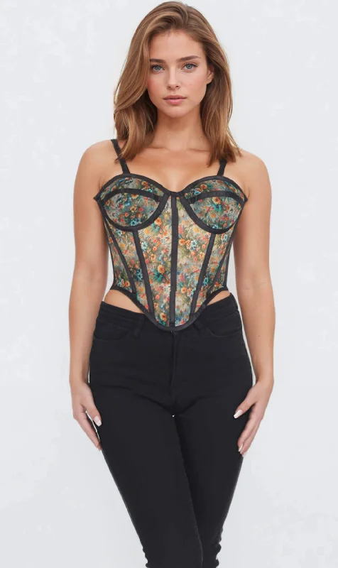 Corset with mesh panels-Bessie Printed Mesh Corset