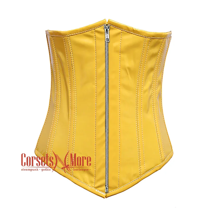 Corset with double lacing-Plus Size Yellow PVC Leather With Front Silver Zipper Gothic Long Underbust Waist Training Corset