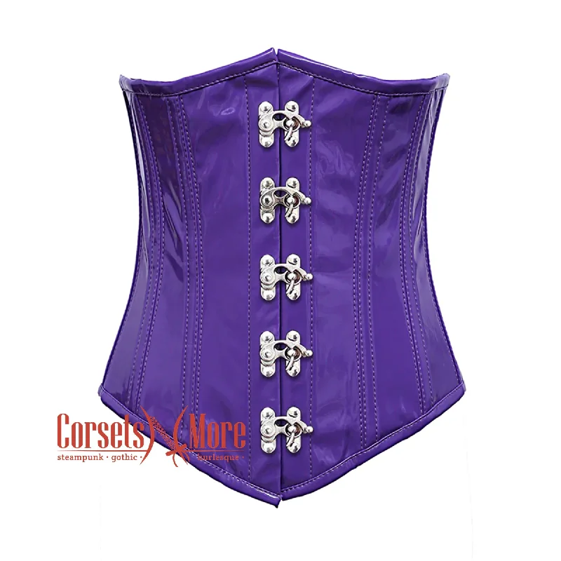 Corset top in cheetah print-Plus Size  Purple PVC Leather With Front Silver Clasps Gothic Long Underbust Waist Training Corset