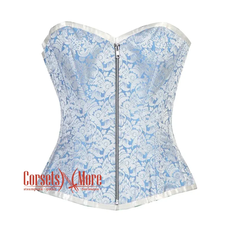 Corset dress for elegant night-Blue And White Brocade Silver Zip Burlesque Gothic Overbust Corset Bustier Top