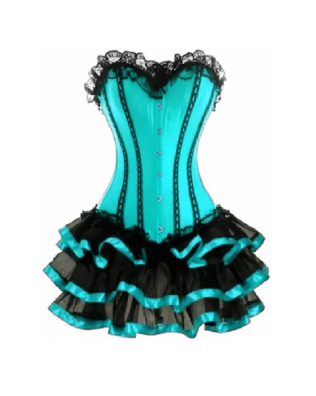 Corset dress with flared skirt-Baby Blue Satin Corset Waist Training Black Frill Tutu Skirt Gothic Bustier Overbust