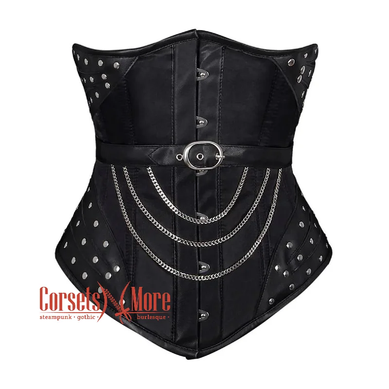 Corset for waist reduction-Plus Size Steampunk Black Satin Leather Belt Heavy Duty Underbust Costume Basque Top