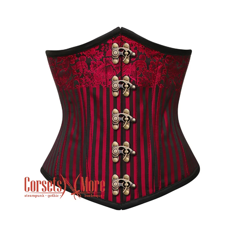 Corset dress with a-line skirt-Plus Size Red and Black Brocade Steel Boned Front Antique Clasps Underbust Corset