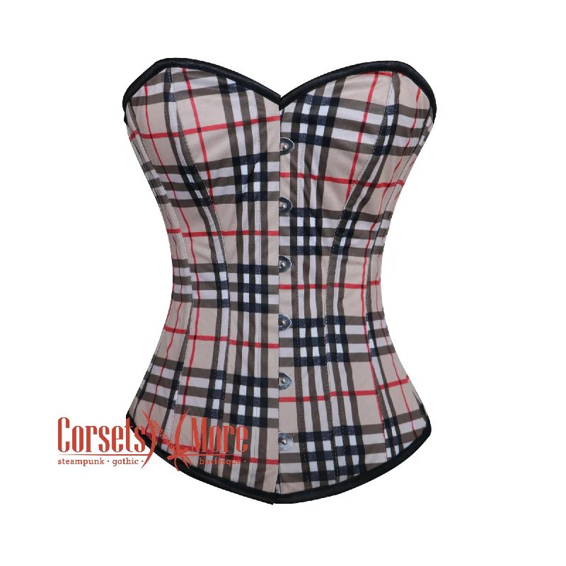 Corset with sheer lace-Checked Print Overbust Burlesque Waist Training Gothic Corset Top