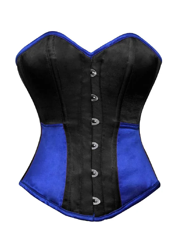 Corset dress with tiered skirt-Black Blue Satin Corset Gothic Burlesque Waist Training Bustier Overbust Top