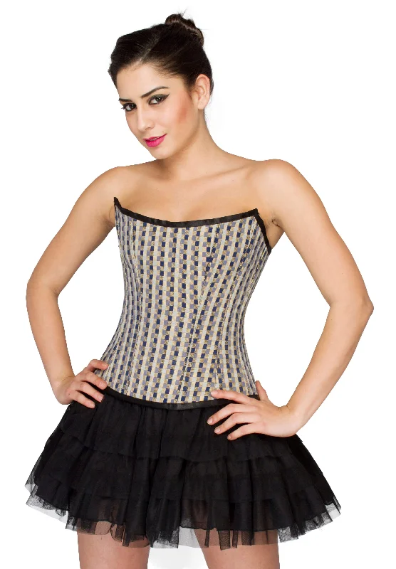 Corset with draped sleeves-Black White Check Polyester Overbust Corset Top