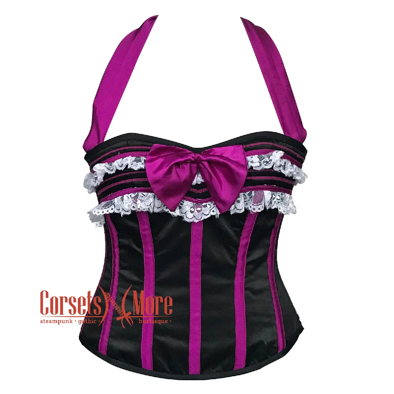 Corset top in checkered pattern-Purple And Black Satin With Front Bow Halter Neck Burlesque Gothic Overbust Corset Top