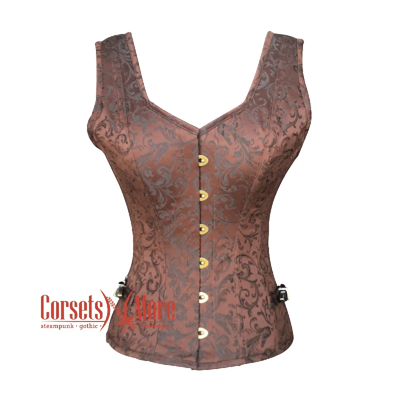 Corset top for party outfits-Plus Size Brown Brocade Gothic Corset Shoulder Strap Overbust Bustier Top Women's Day Costume