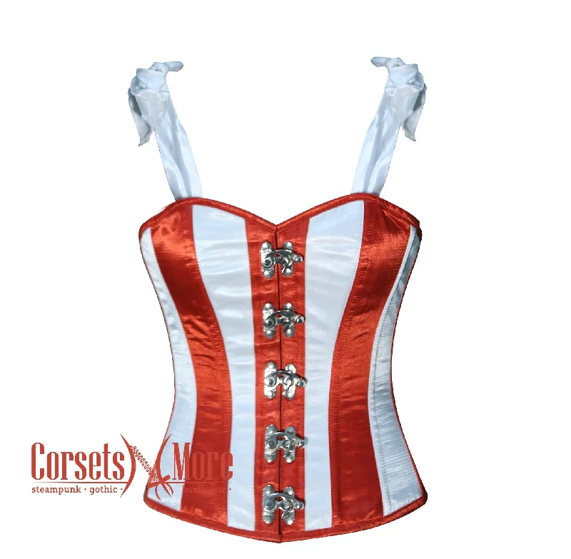 Corset dress for wedding guests-White and Red Stripes With Shoulder Strap Burlesque Overbust Bustier Waist Training Corset