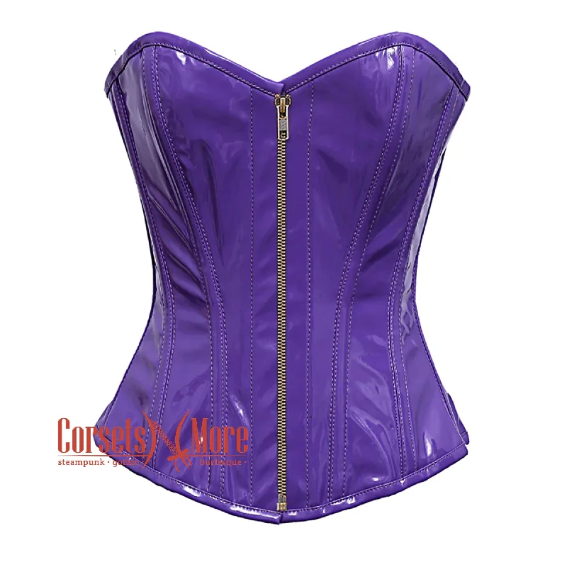 Corset dress for vintage wedding-Plus Size Purple PVC Leather With Antique Zipper Gothic Overbust Burlesque Corset Waist Training Top