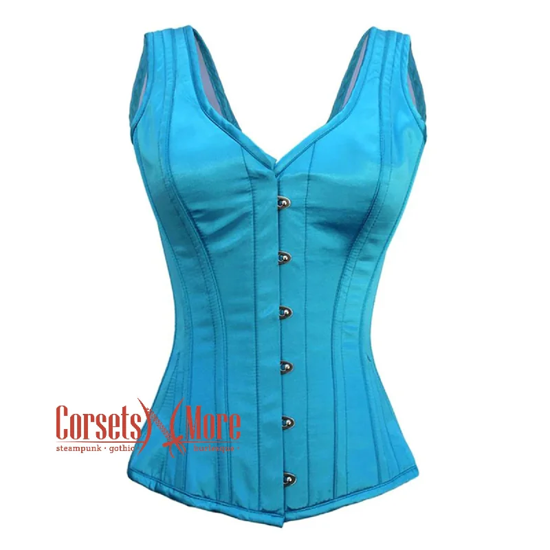 Corset top with cap sleeves-Plus Size Baby Blue Satin With Front Silver Busk Gothic Overbust Burlesque Corset Waist Training Top