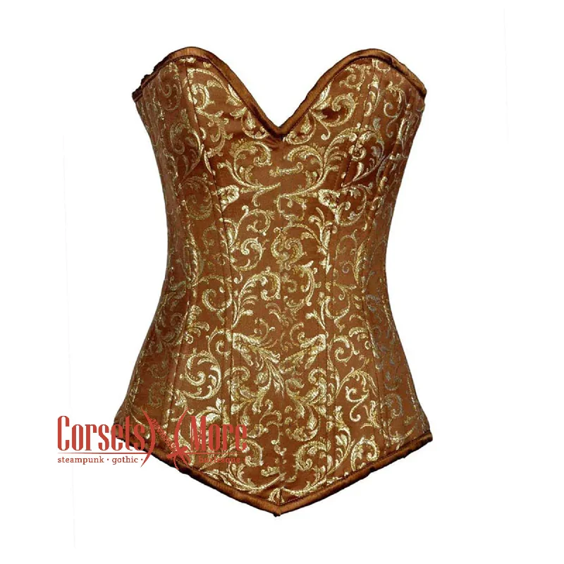 Corset in rich plum-Plus Size Brown And Golden Brocade Longline Burlesque Gothic Overbust Corset Bustier Top