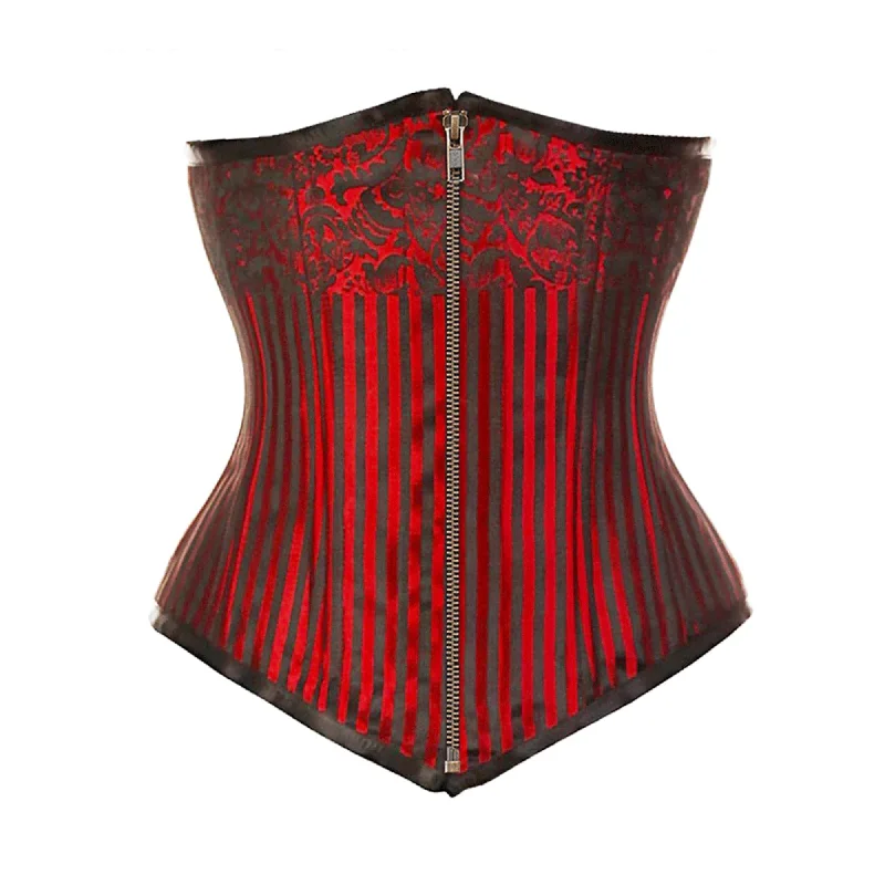 Corset with lace-up sides-Plus Size Red Brocade Double Boned Antique Zipper Long Underbust Steampunk Corset