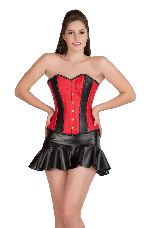 Corset with lace trim-Black N Red Leather Gothic Steampunk Waist Training Bustier Overbust Costume Corset Top