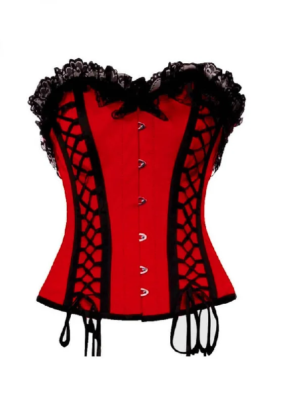 Corset top with boat neckline-Red Satin Black Lacing Gothic Burlesque Corset Waist Training Overbust Valentine Top