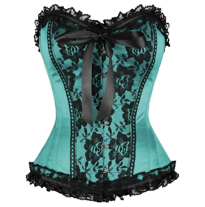 Corset with crystal embellishments-Baby Blue Satin Corset Waist Training Black Frill Net Gothic Burlesque Bustier Overbust