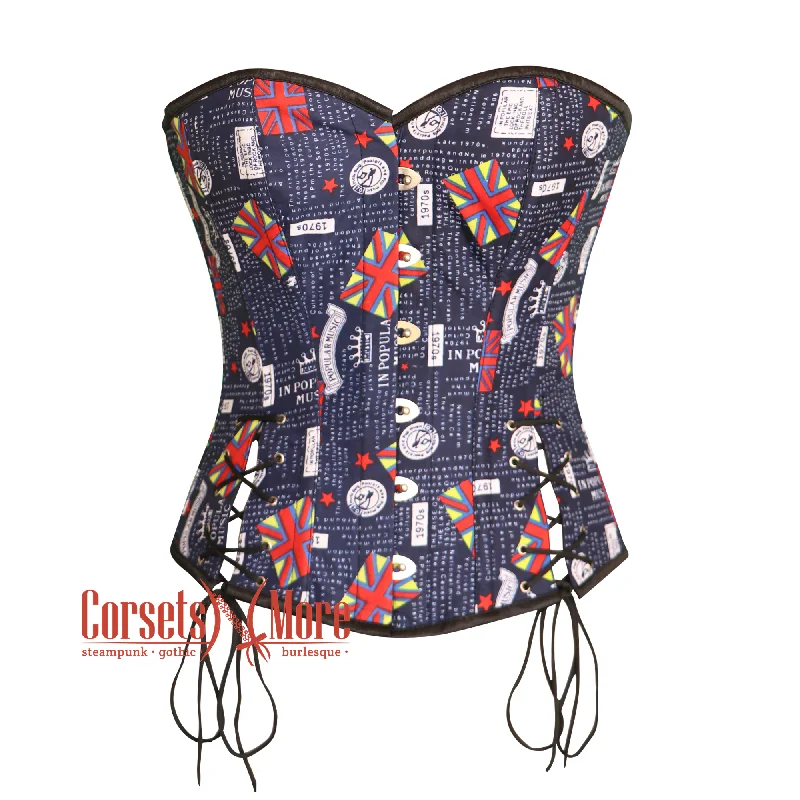 Corset top with ruffles-Navy Blue Flag Printed Corset Burlesque Gothic Costume Overbust Bustier Top