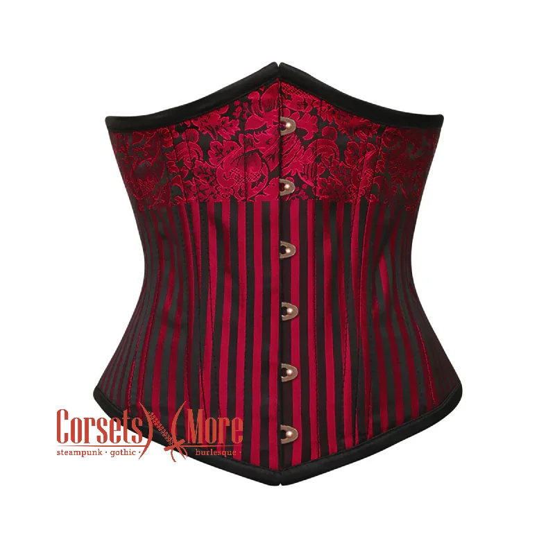 Corset for chic style-Plus Size Red and Black Brocade Steel Boned Front Antique Busk Underbust Corset